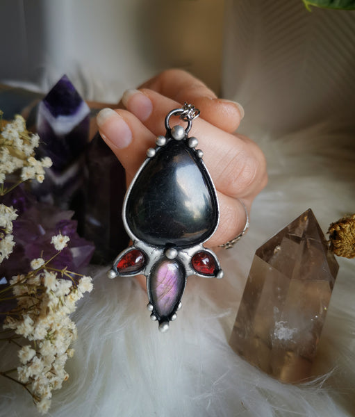 Black tourmaline, purple labradorite and garnet necklace