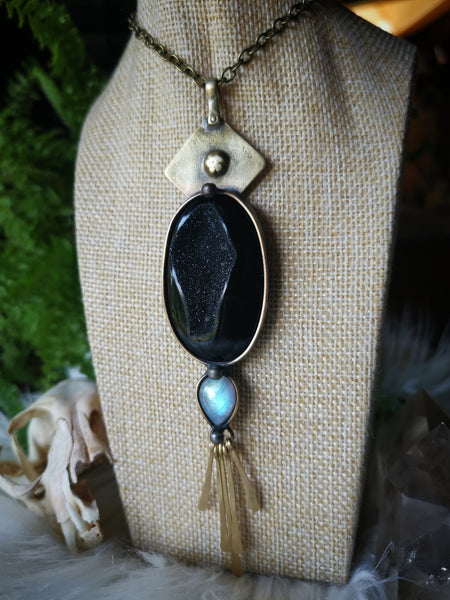 Tribal brass necklace with black onyx druzy and moonstone