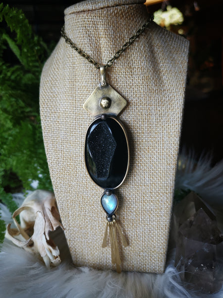 Tribal brass necklace with black onyx druzy and moonstone