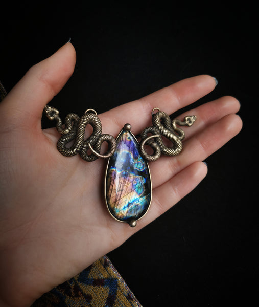 "Brass serpent" necklace with rainbow labradorite