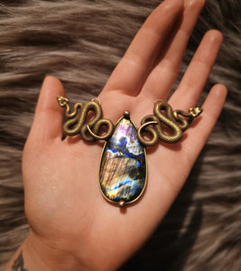 "Brass serpent" necklace with rainbow labradorite