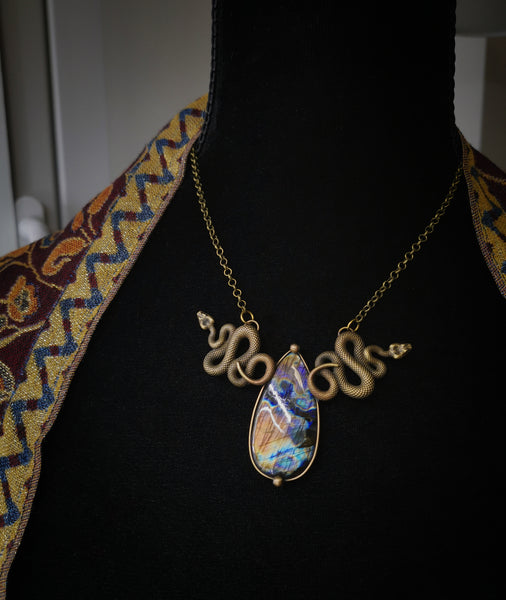 "Brass serpent" necklace with rainbow labradorite