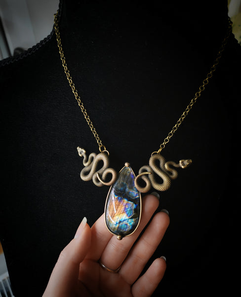 "Brass serpent" necklace with rainbow labradorite