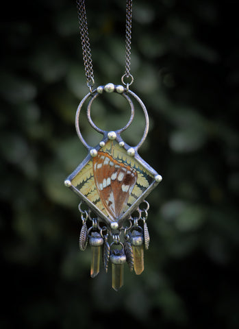 Butterfly wing, fern and smoky quartz chandelier necklace