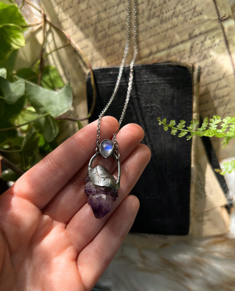 "Wendeline" spirit amethyst and rainbow moonstone necklace