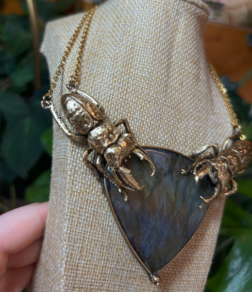 "Aksana" brass stag beetle necklace with labradorite