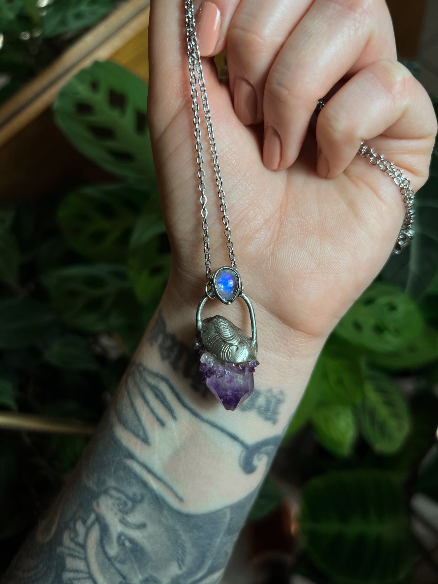"Wendeline" spirit amethyst and rainbow moonstone necklace