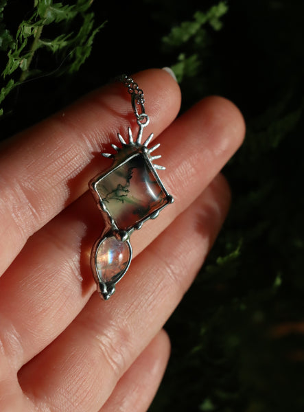 Moss agate and rainbow moonstone pendant #4