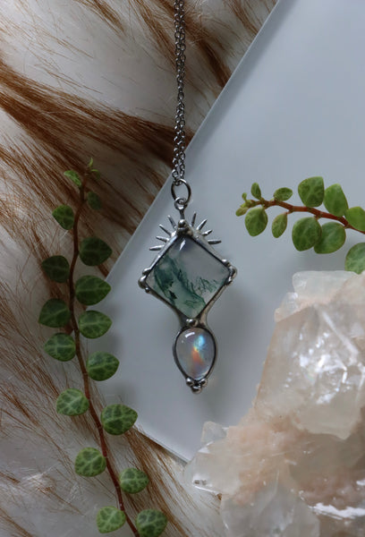 Moss agate and rainbow moonstone pendant #3