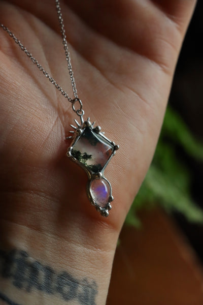 Moss agate and rainbow moonstone pendant #1
