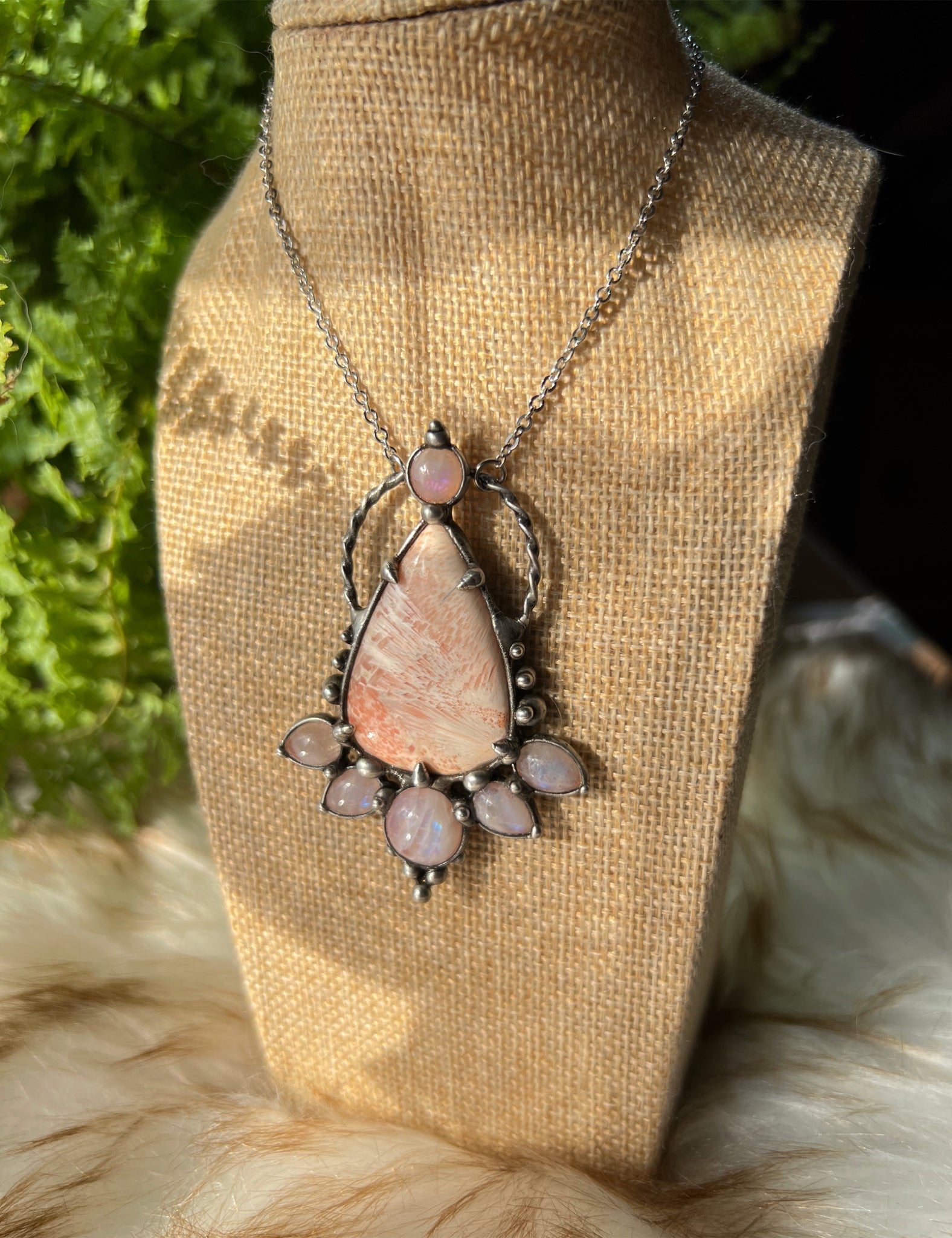 "Lidah" pink scolecite and rainbow moonstone necklace