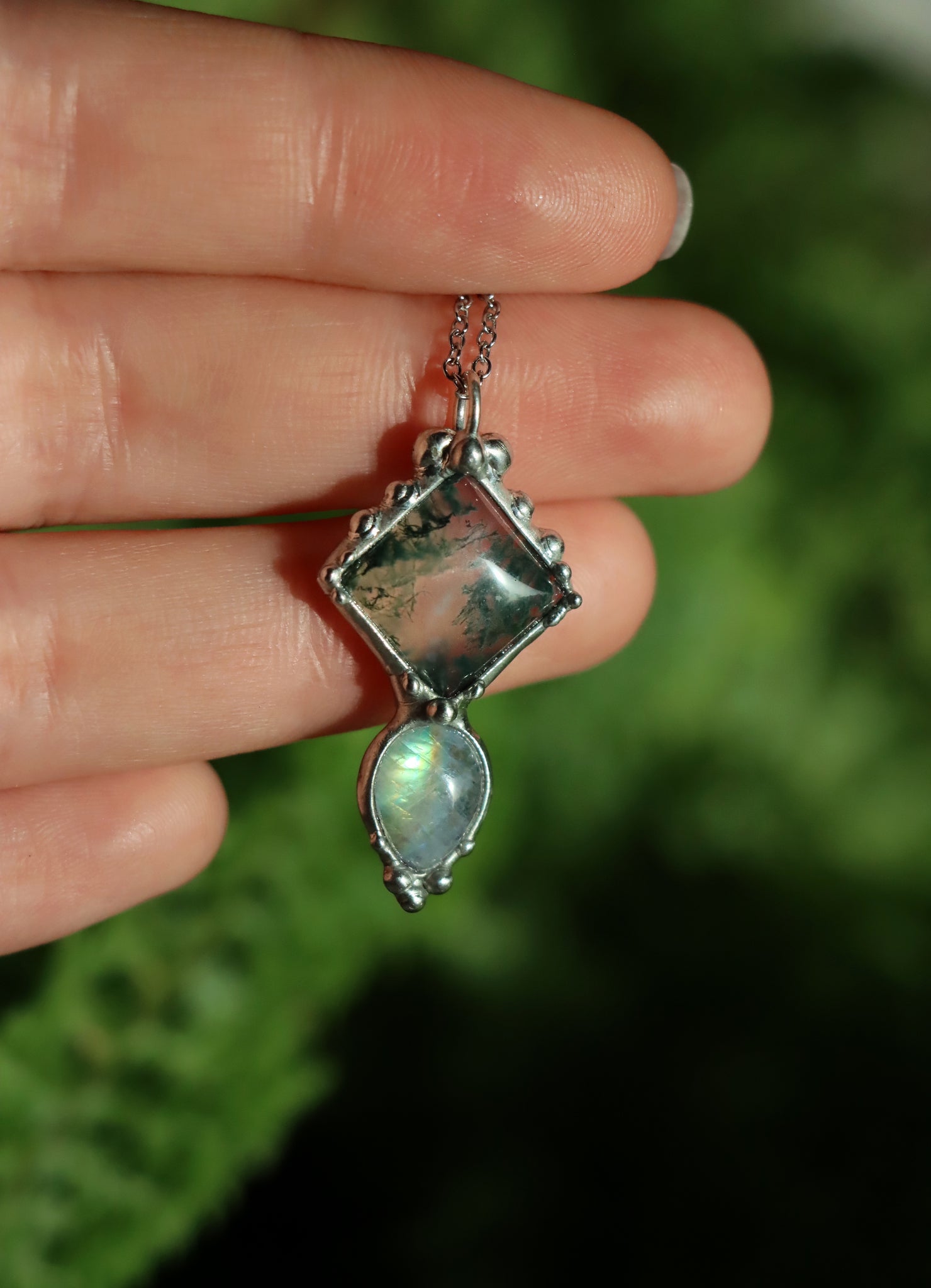Moss agate and rainbow moonstone pendant #5