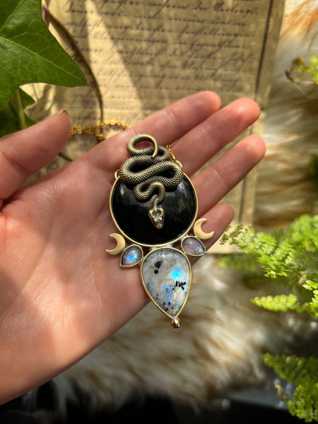 "Karaline" black tourmaline and rainbow moonstone snake necklace