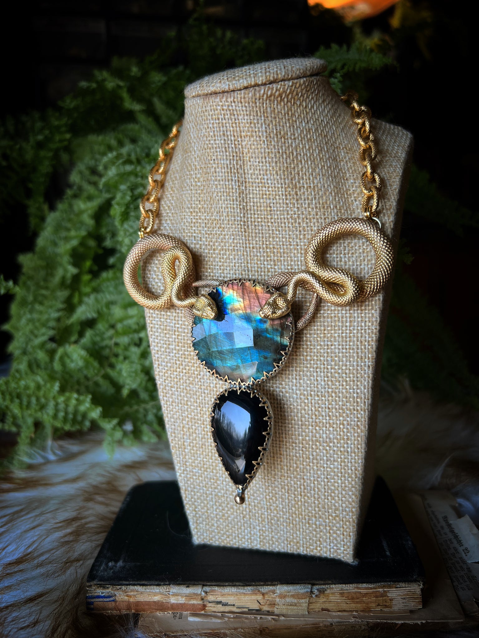 "Zoreen" brass snake necklace with labradorite and black onyx