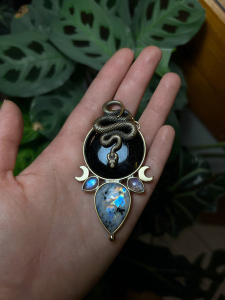 "Karaline" black tourmaline and rainbow moonstone snake necklace