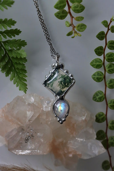 Moss agate and rainbow moonstone pendant #5