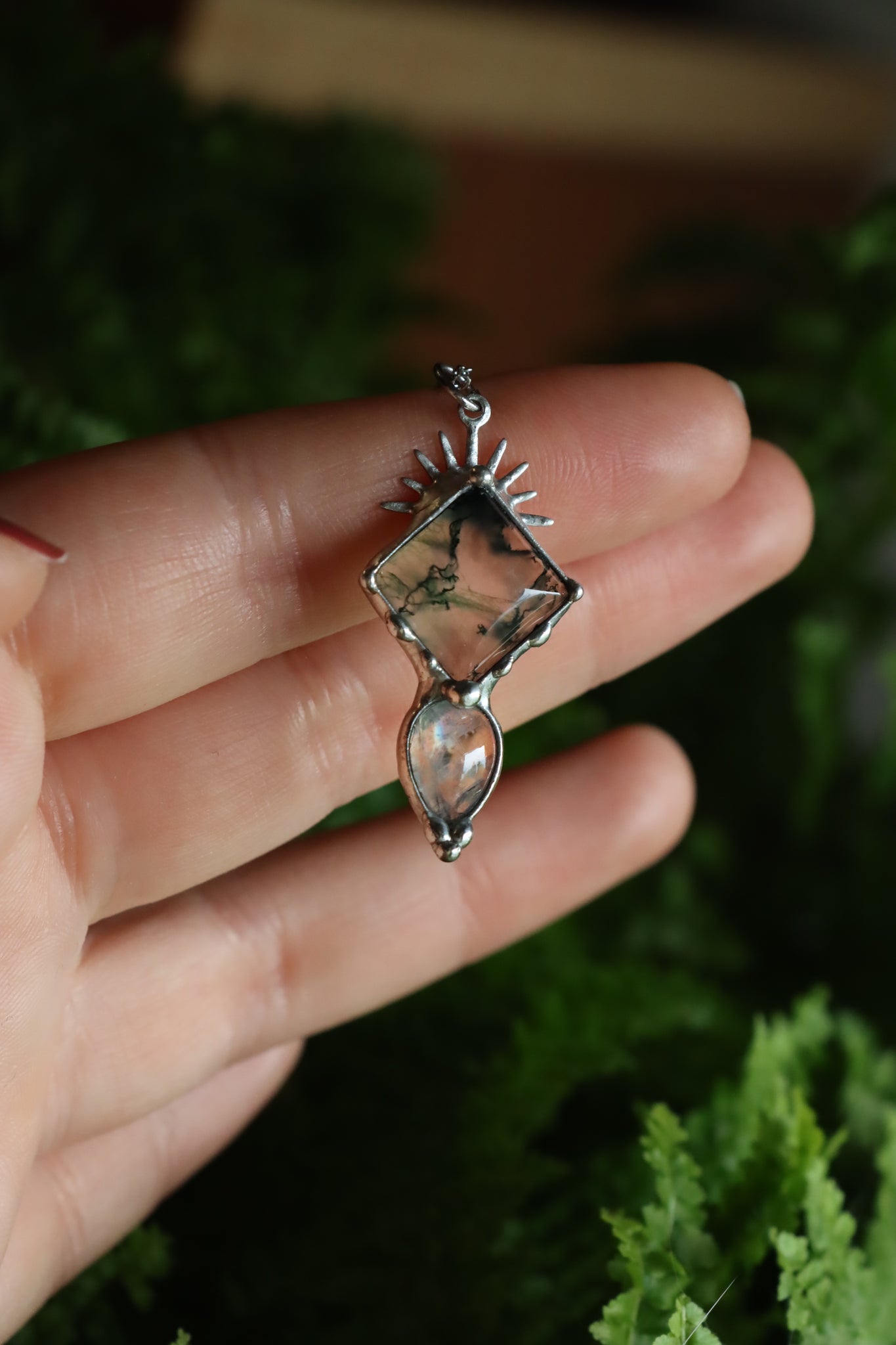 Moss agate and rainbow moonstone pendant #4